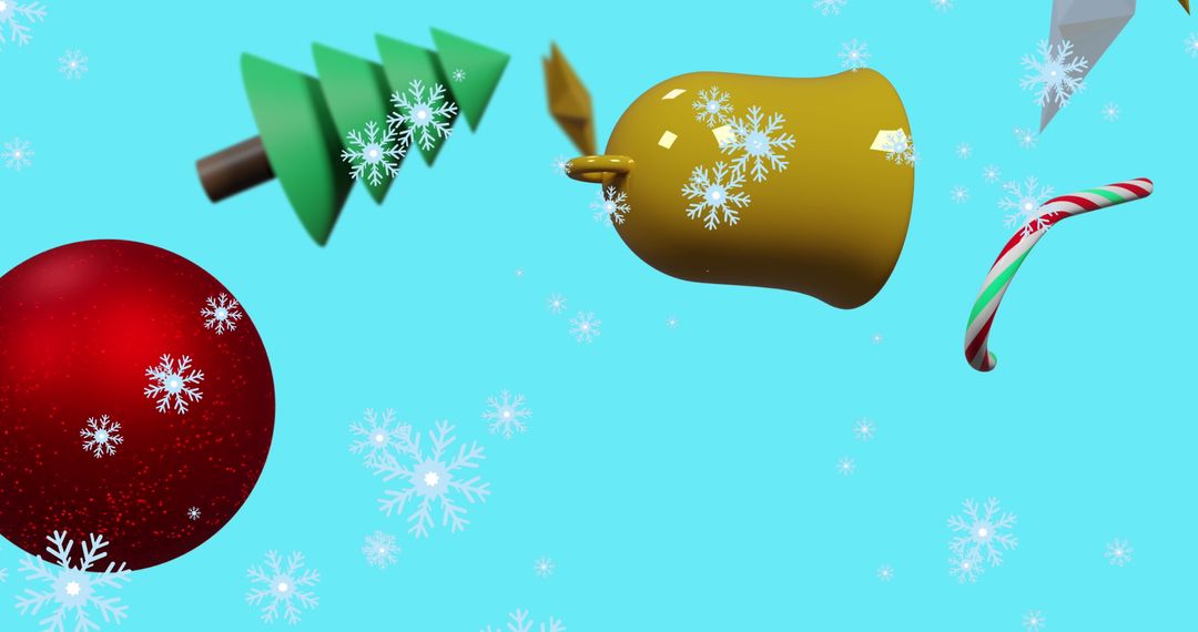 Floating Christmas Decorations with Falling Snow on Blue Background