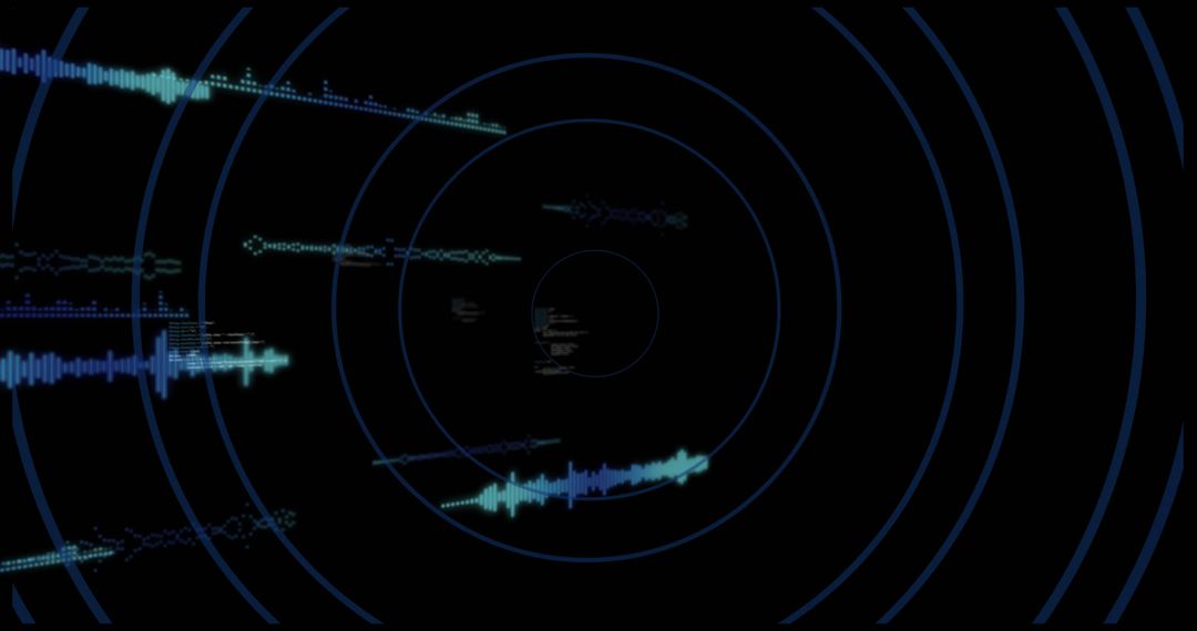 Futuristic Radar HUD Rotating Concentric Rings with Cyan Waveforms and Glyphs