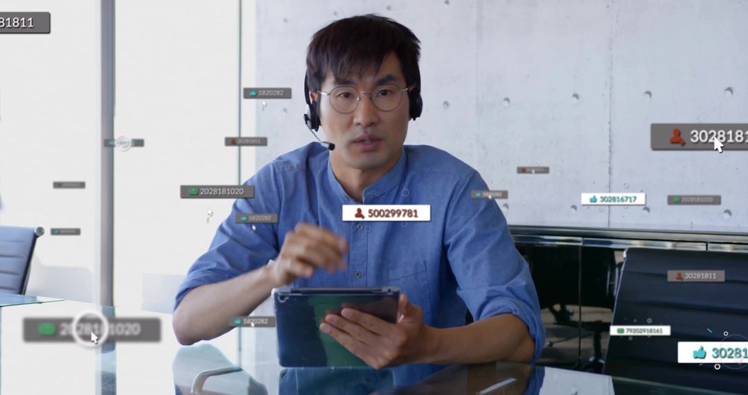Professional Korean Man Engaging with Digital Data in Modern Office