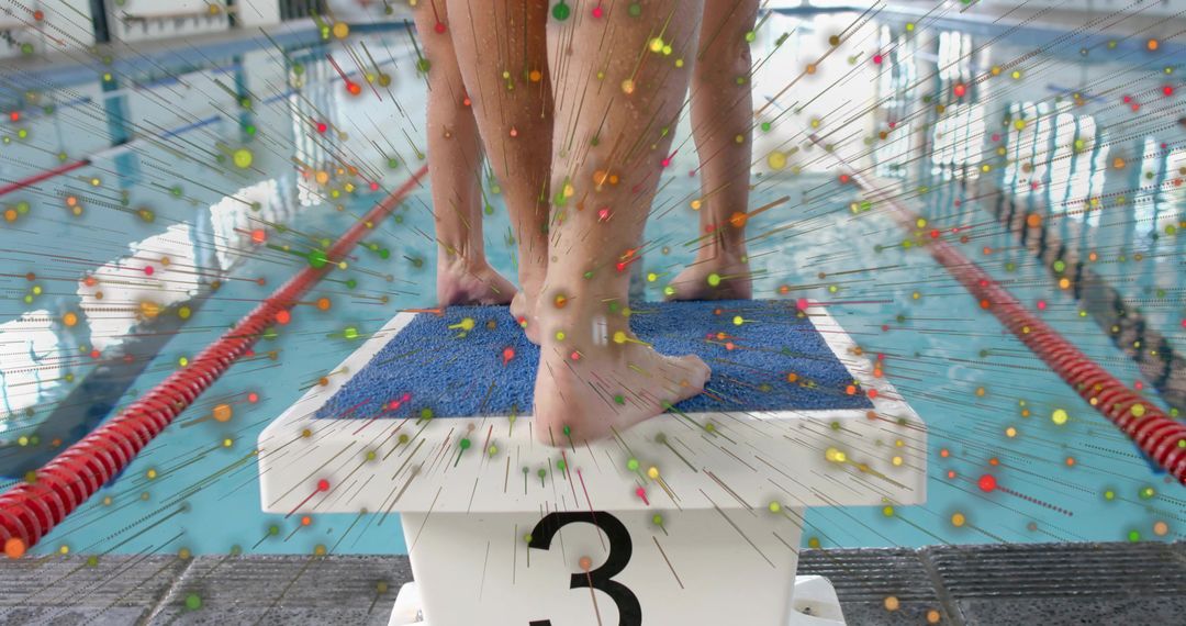 Balancing on Starting Block 3, Bare Feet Gripping Blue Pad, Swimmer Preparing Race Start