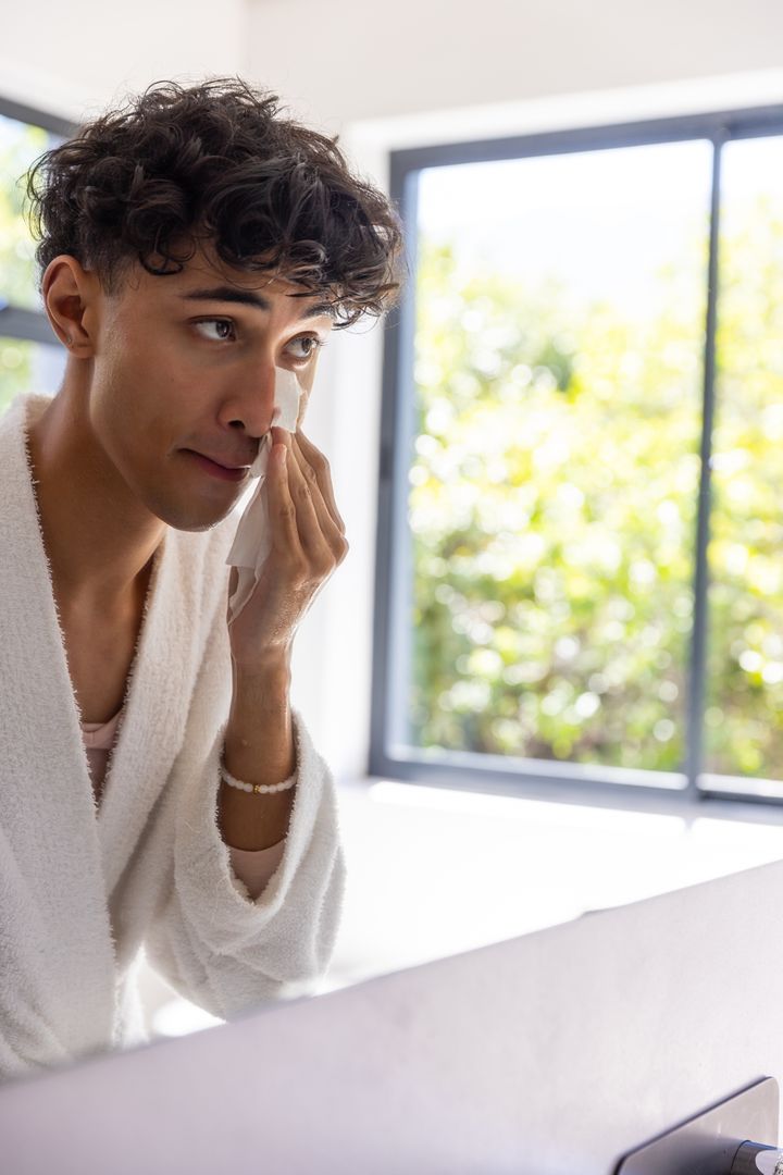 Man Practicing Skincare Routine with Cotton Pad by Sunny Window