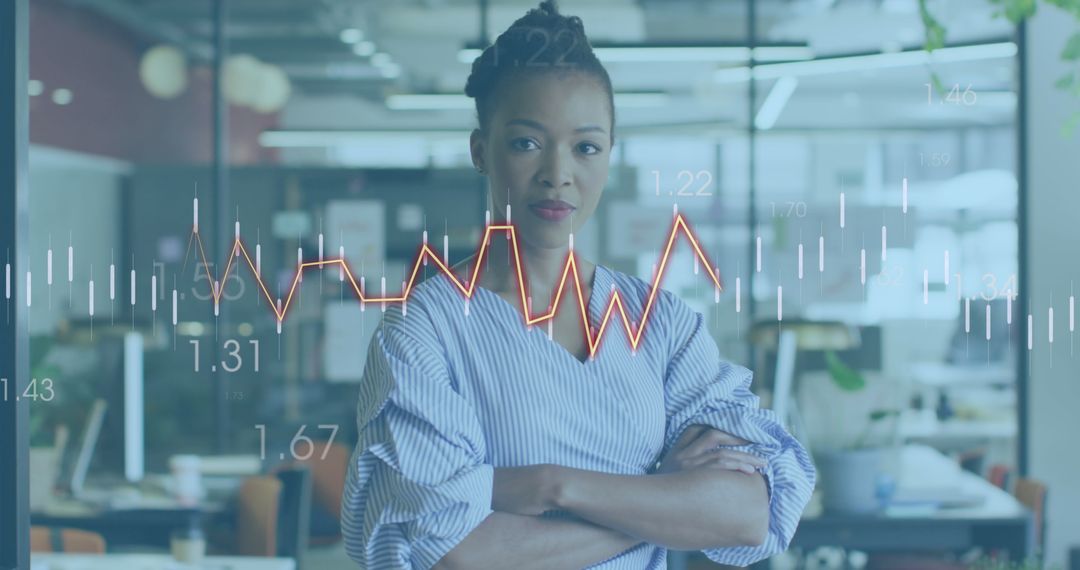 Confident Businesswoman Analyzing Dynamic Financial Data Trends