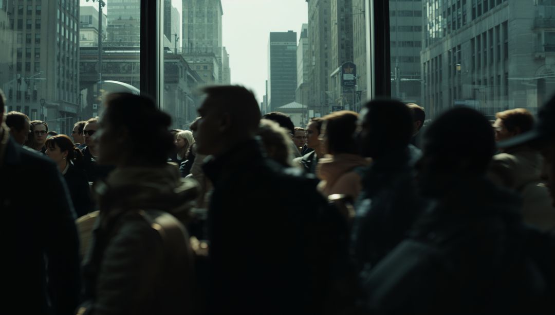 Crowded Urban Transit Lobby with Commuters in Motion