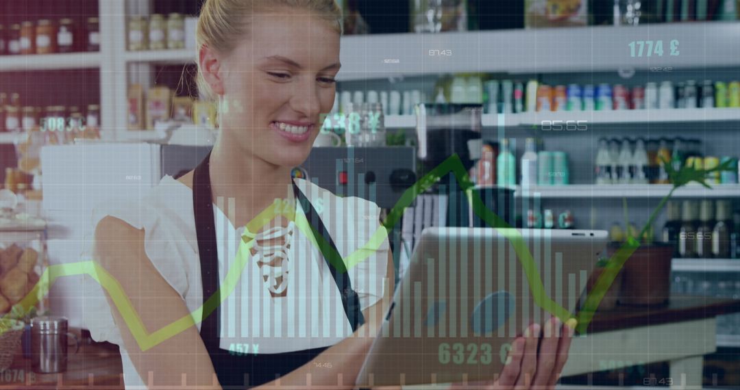 Caucasian Businesswoman Analyzing Digital Data Interface on Tablet