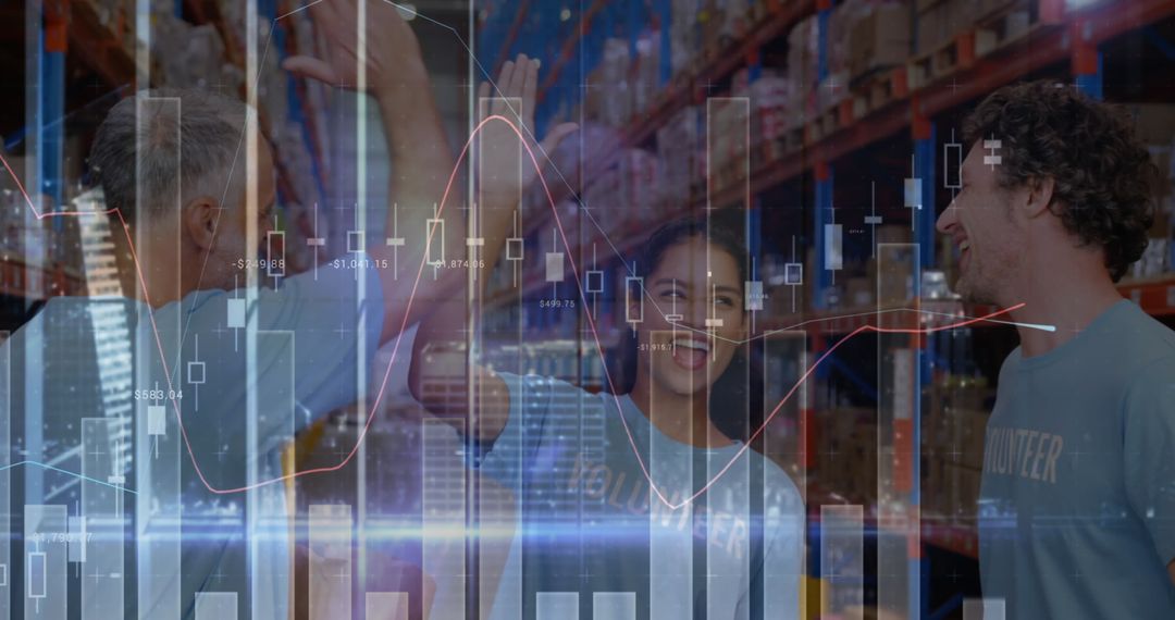 Volunteers High Fiving with Financial Data Overlay in Warehouse