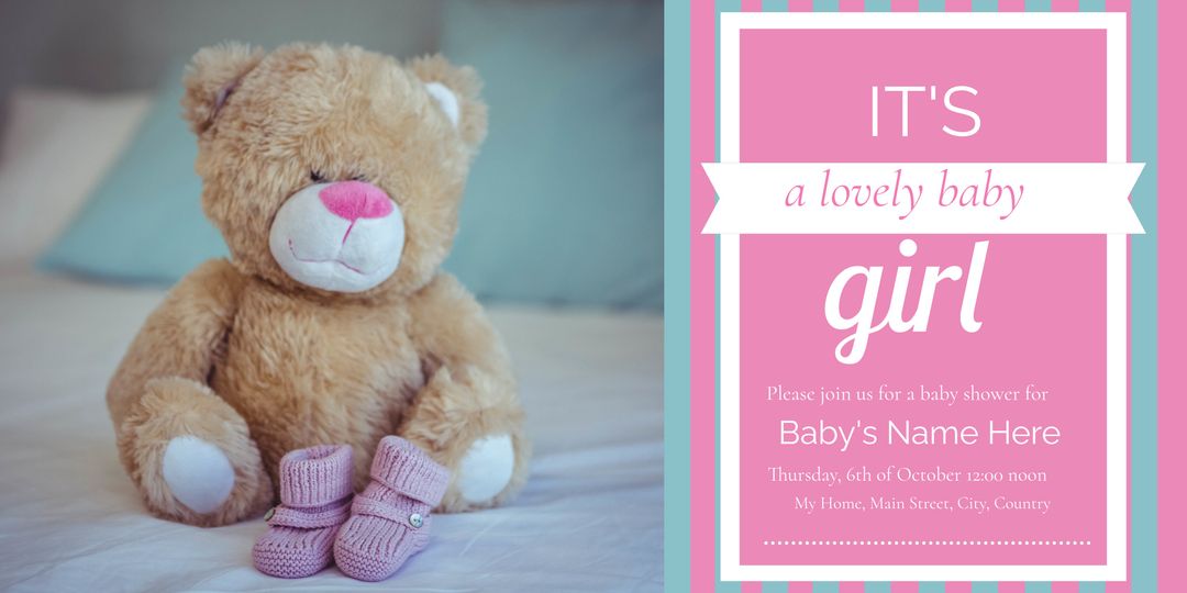 Adorable Baby Shower Invitation with Teddy Bear and Pink Booties - Download Free Stock Templates Pikwizard.com