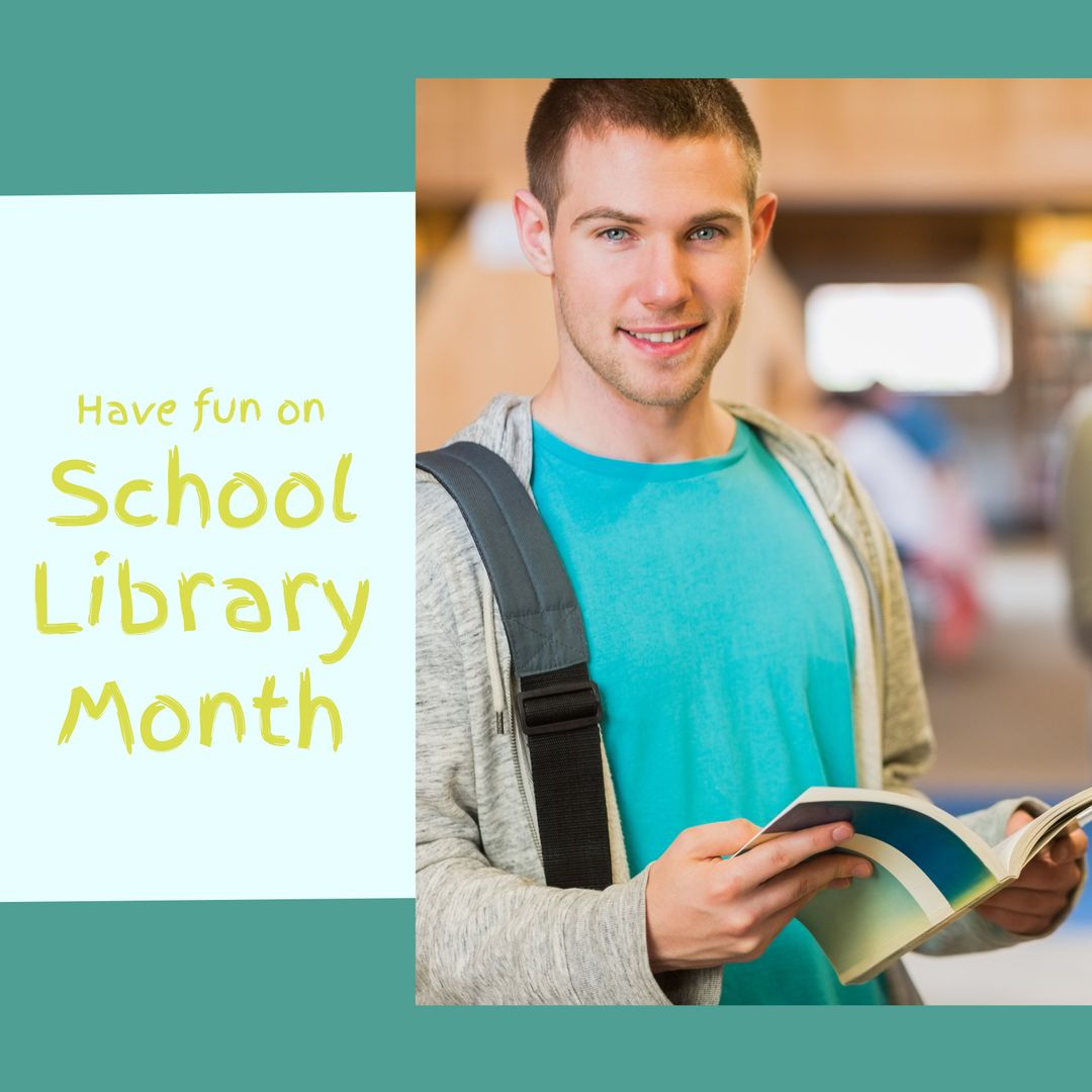 Smiling Student Celebrating School Library Month with a Book