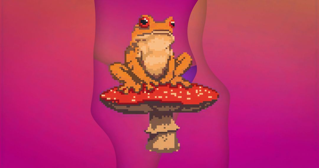 Pixel Art Frog Sitting on Pixel Mushroom Cap Against Gradient Background