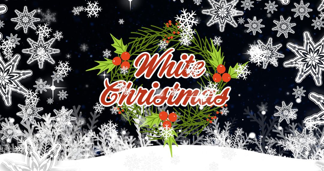 White Christmas Text with Festive Winter Wreath and Snowflakes