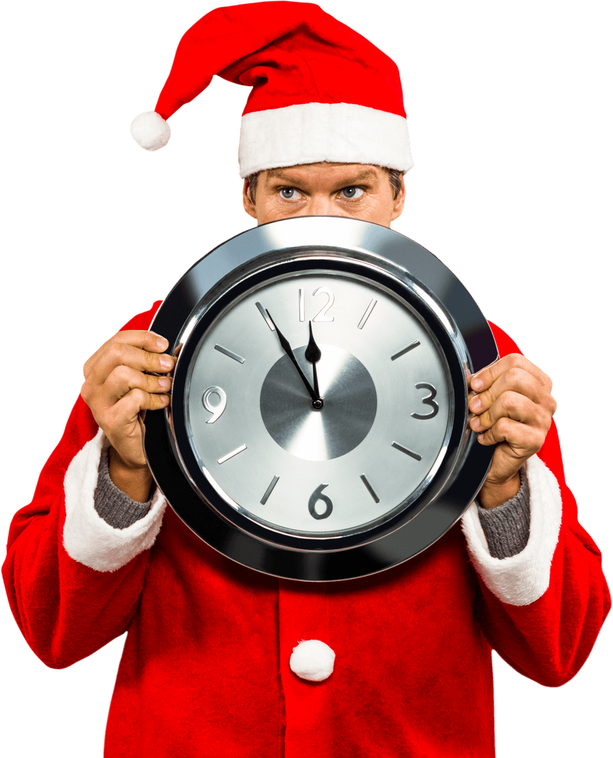 Transparent Santa Holding Clock at Midnight Countdown