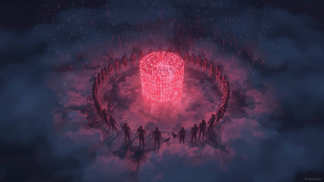Humans Encountering Glowing Binary Cylinder in Futuristic Mist