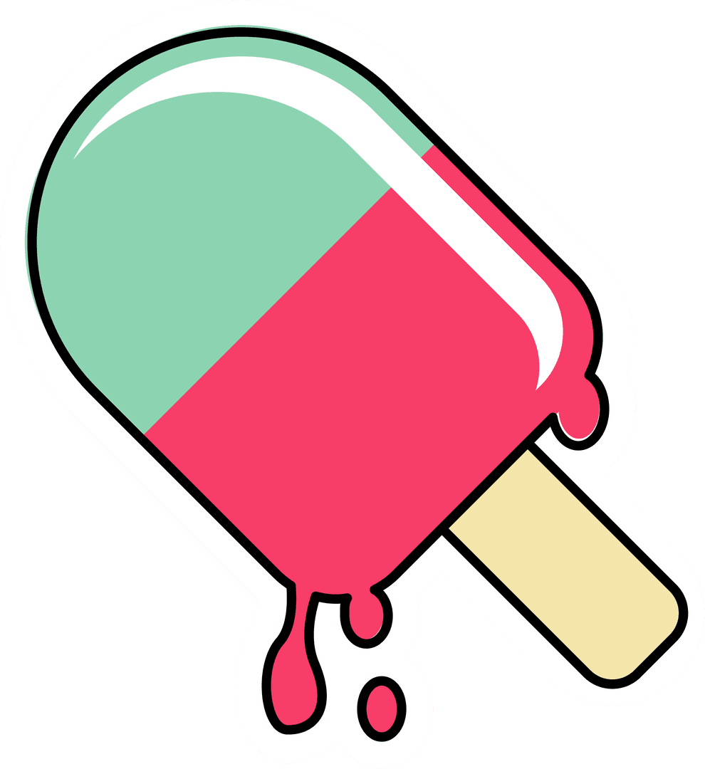 Refreshing Mint Green and Pink Dripping Popsicle on Stick in Flat Design with Transparent Background