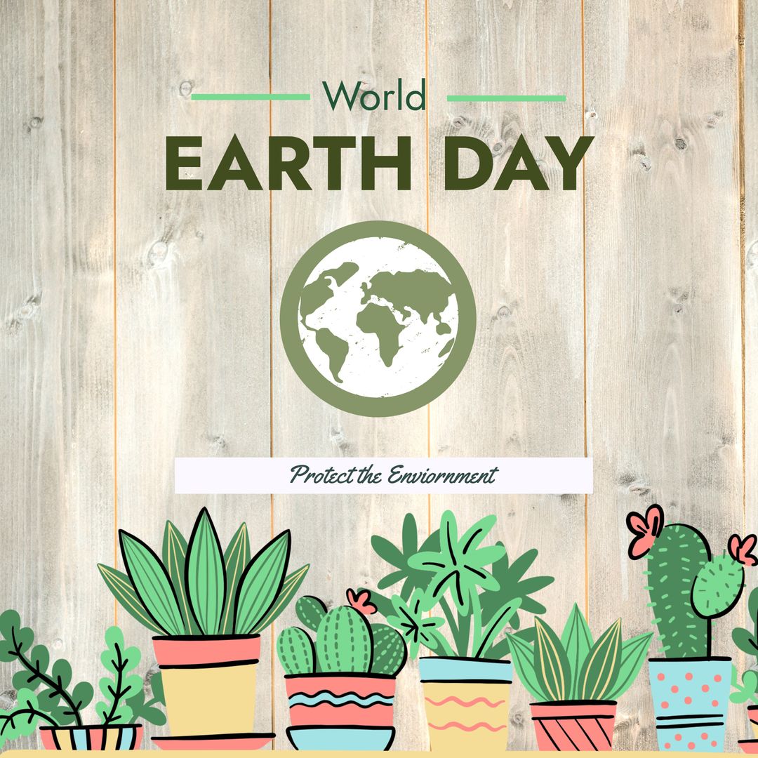 Earth Day Conservation Illustration with Potted Plants and Globe