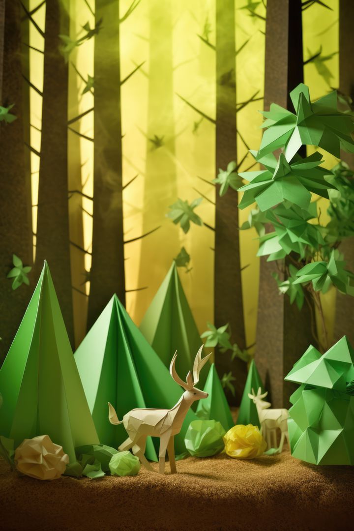 Green and yellow origami forest and animals in spring, created using generative ai technology - Free Images, Stock Photos and Pictures on Pikwizard.com