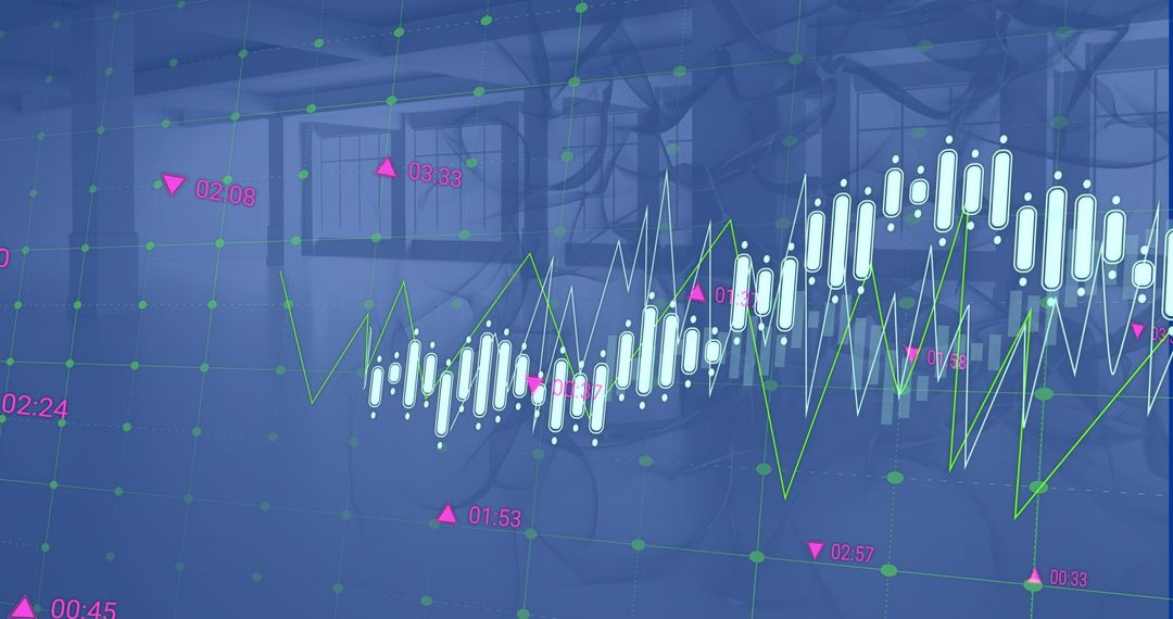Abstract Financial Data Graphics Overlaid in Futuristic Office