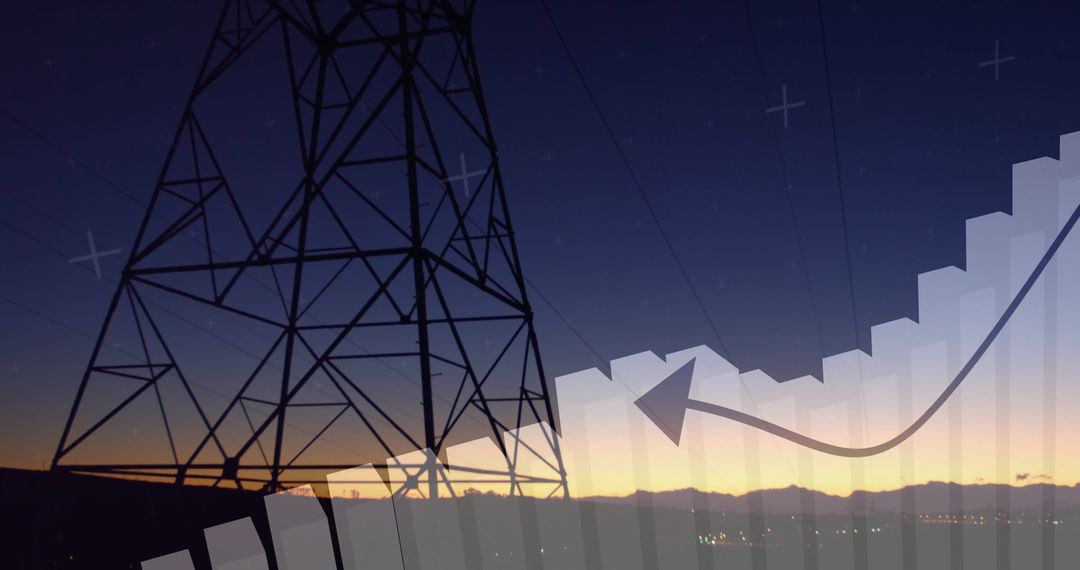Power Transmission Tower at Dusk with Graph Overlay