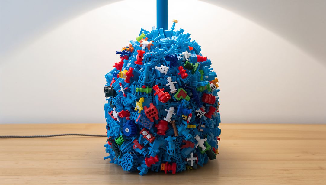 Displaying blue interlocking sculpture on wooden table with lamp — abstract geometric decor