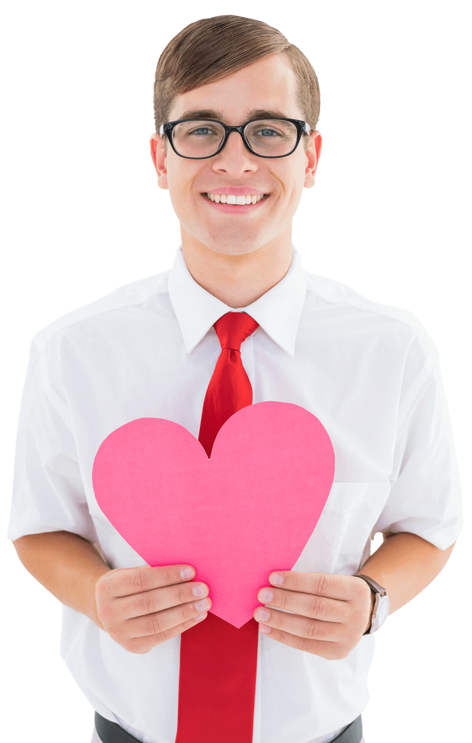 Smiling Hipster Holding Pink Heart Transparent Pose