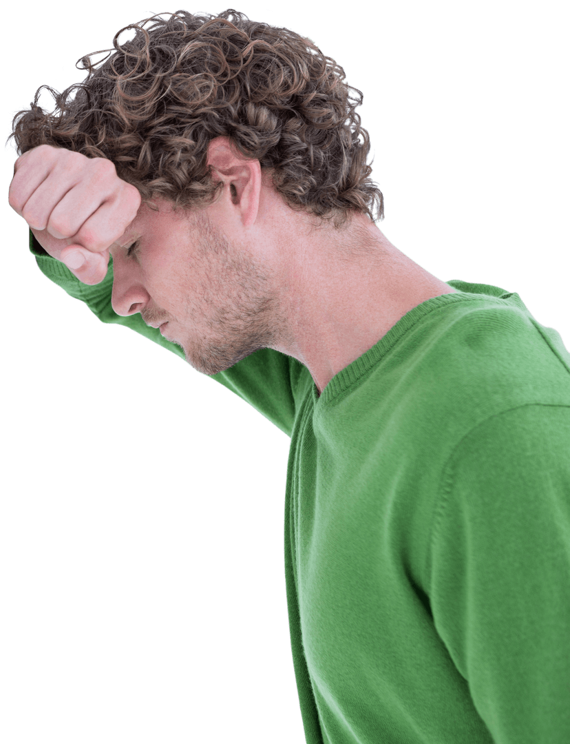 Transparent Image of Man Leaning with Arm on Forehead in Contemplation