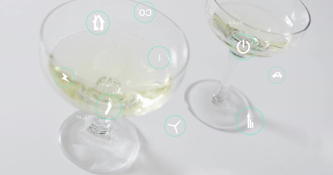 Minimal White Wine Coupe Glasses with Teal UI Icons on Clean White Background
