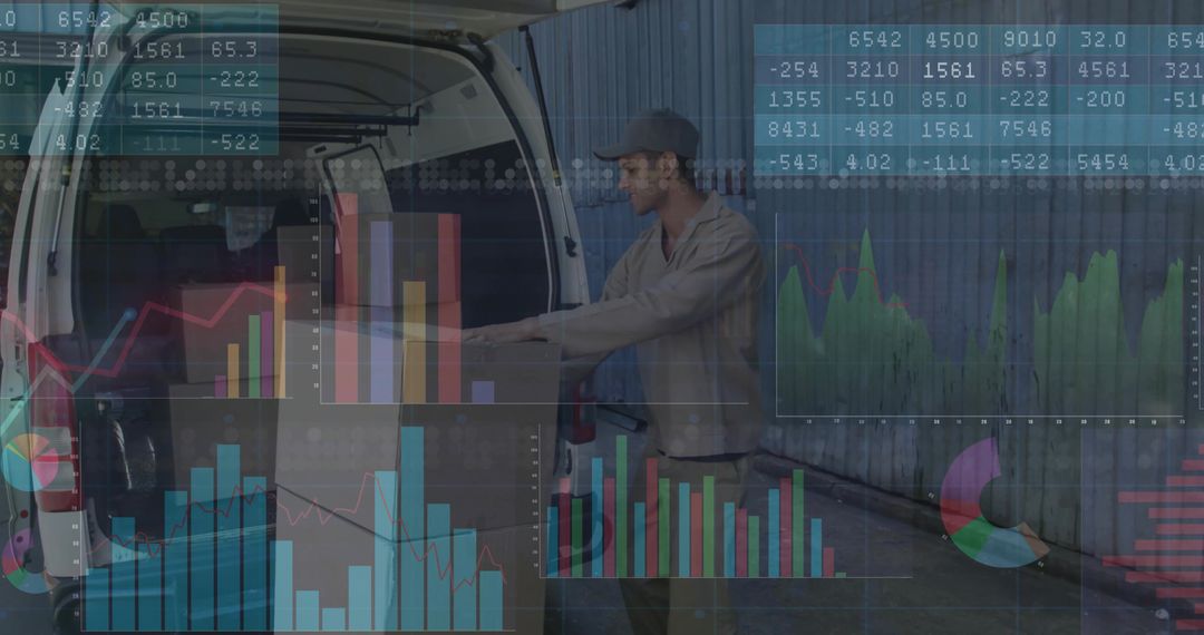 Worker Unloading Van Amidst Data Visualizations in Shipping Yard