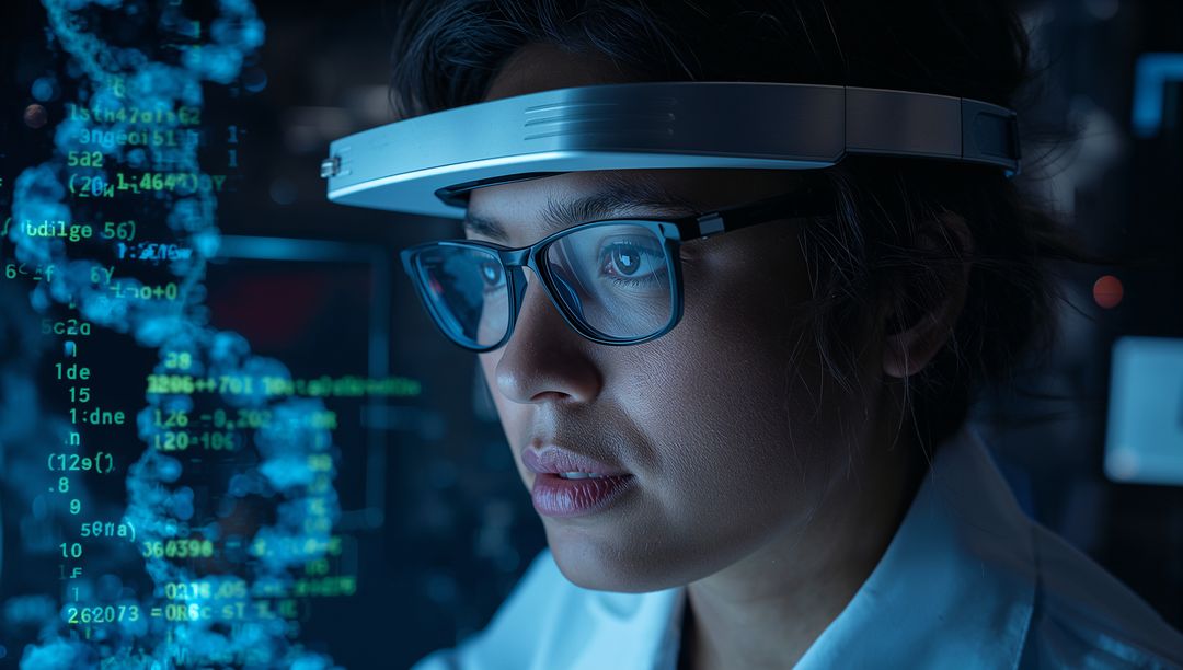 Female scientist analyzing holographic DNA with AR visor and glasses in genomic lab