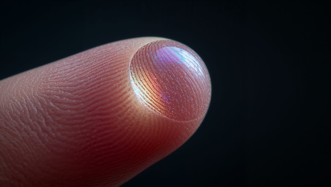 Iridescent Water Droplet Magnifying Fingerprint Ridges on Human Fingertip Macro Biometric