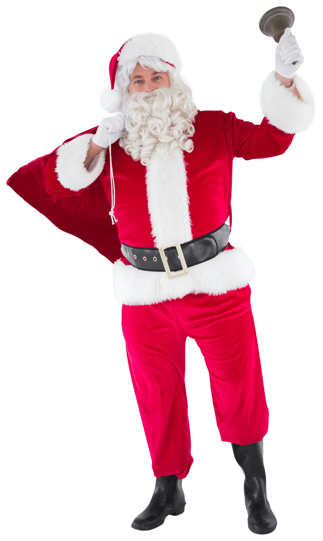 Jolly Santa Claus Holding Sack and Bell on Transparent Background