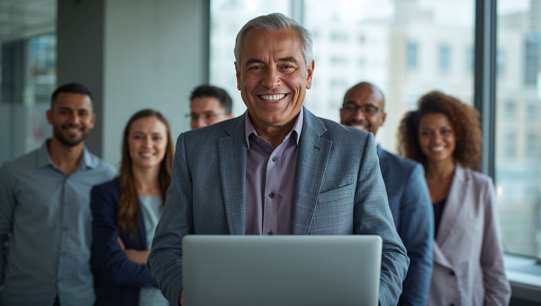 Senior Professional on Laptop With Team Collaboration
