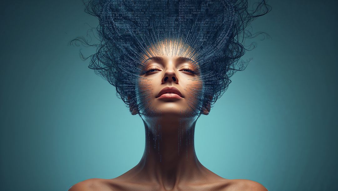 Futuristic female portrait merging with flowing code and cybernetic neural hair morphing