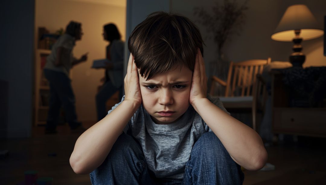 Distressed Child Covering Ears While Adults Argue in Background