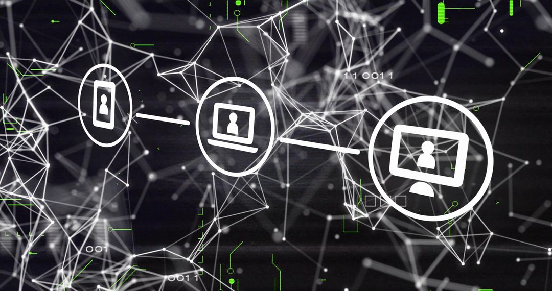 Futuristic Cyberspace Network with Device Icons and Mesh Lines