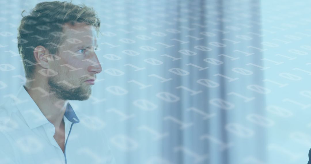 Businessman Communicating Amidst Digital Binary Overlay