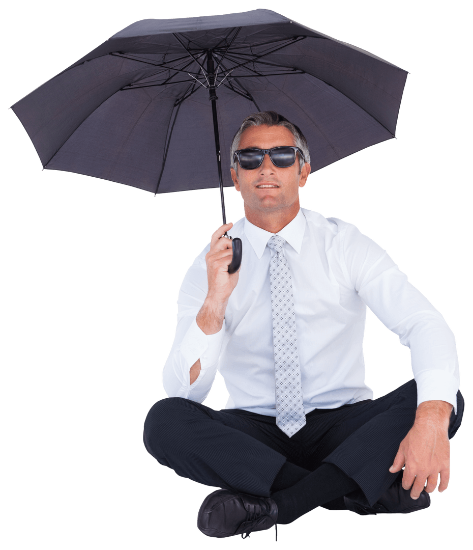 Transparent Businessman Seated with Umbrella and Sunglasses