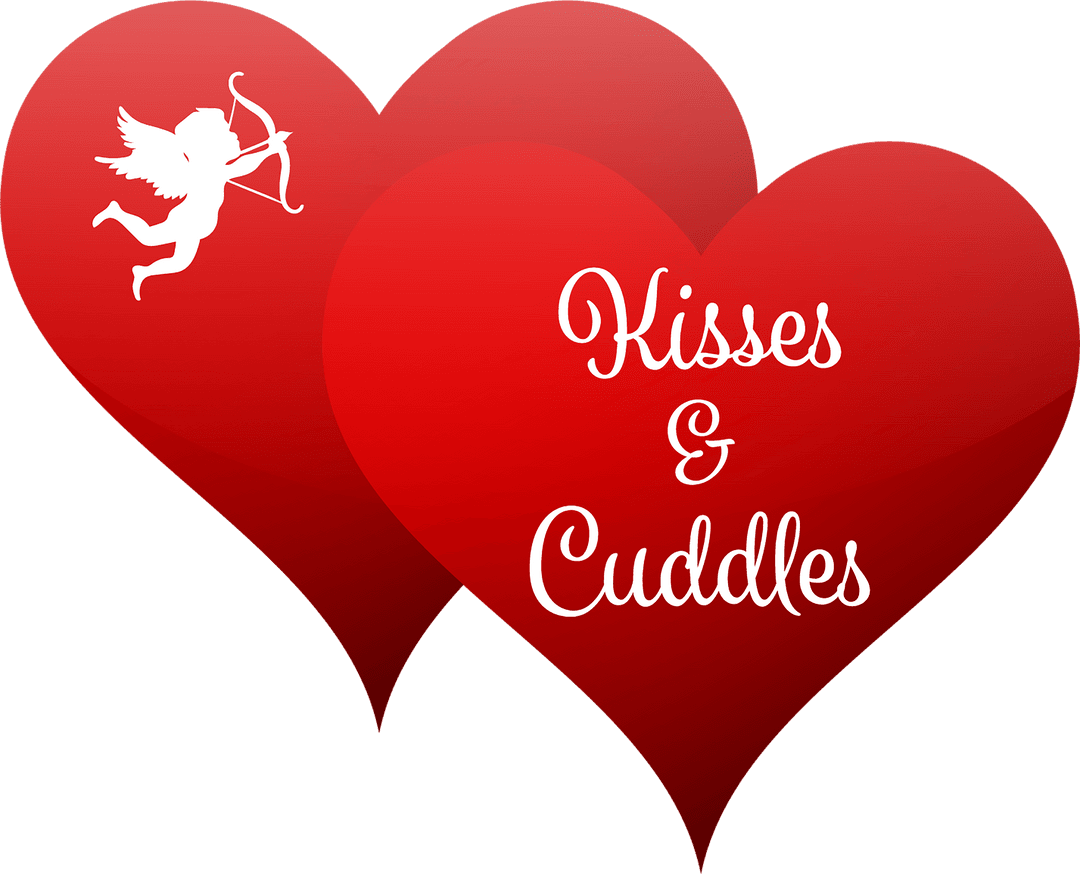 Two Overlapping Red Hearts with Cupid and Love Text on Transparent