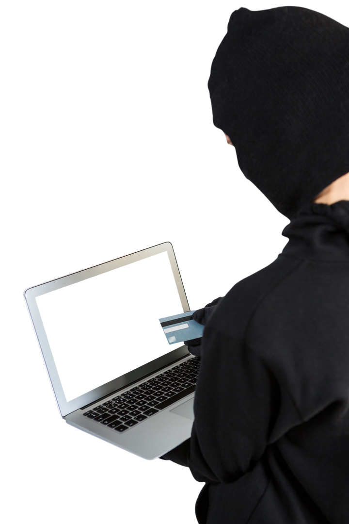 Caucasian Thief Using Laptop with Credit Card Isolated on Transparent Background - Download Free Stock Images Pikwizard.com