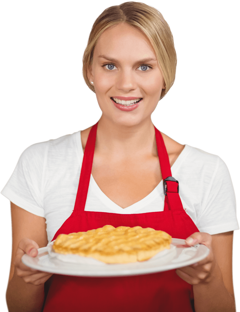 Smiling Woman Holding Pie with Red Apron, Bakery Concept