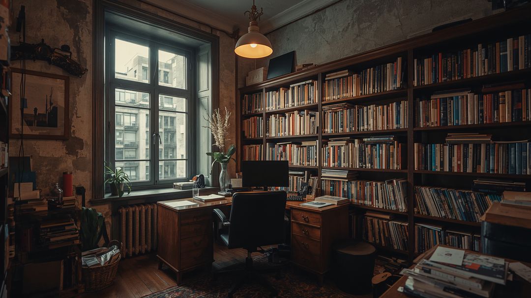 Cozy Rustic Workspace with Bookshelf and Window Light