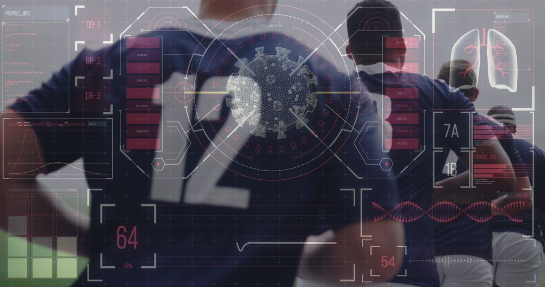 Soccer Players with Digital Health Data Interface on Pitch