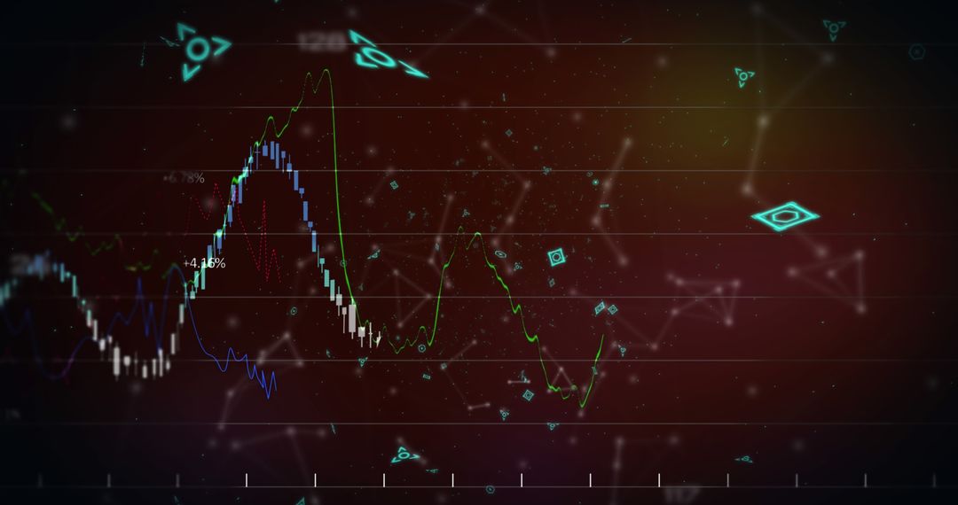 Digital Financial Graph with Tech Symbols on Red Background