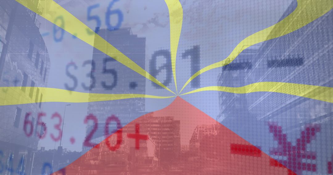 Reunion Flag Overlay on Stock Market and Cityscape