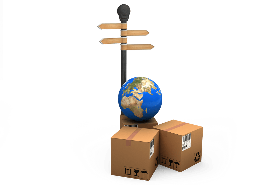 Transparent Signpost with Globe and Cardboard Boxes