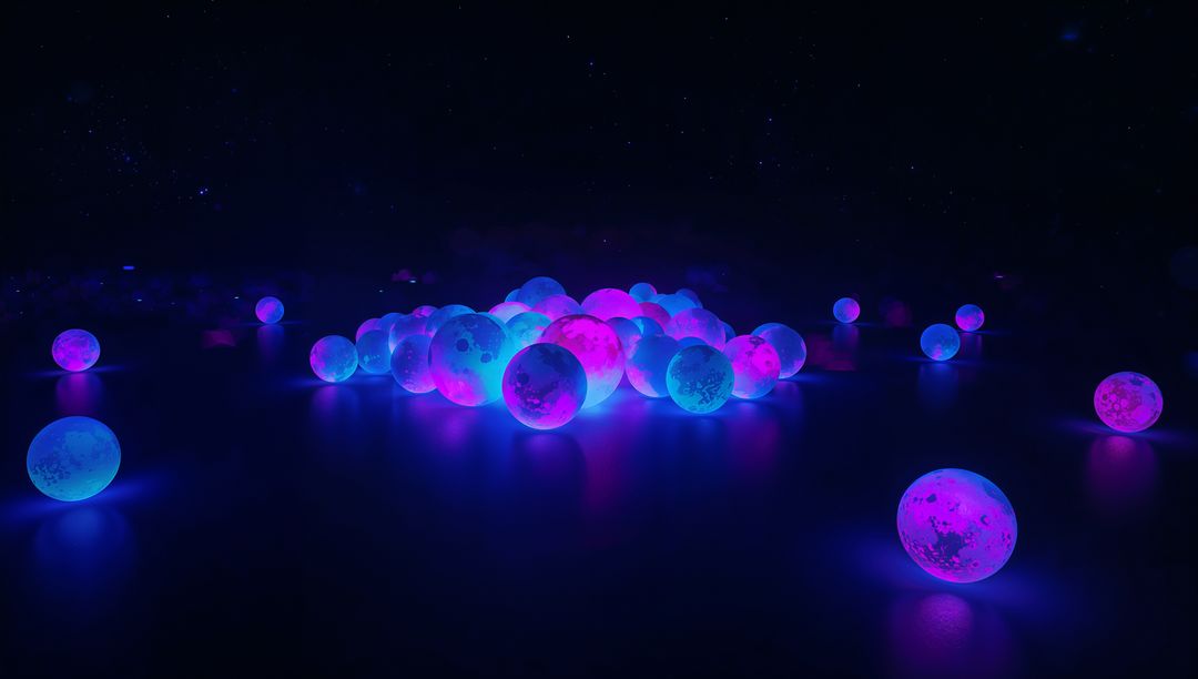 Glowing Neon Cratered Orbs Scattering Magenta and Blue Light on Reflective Surface
