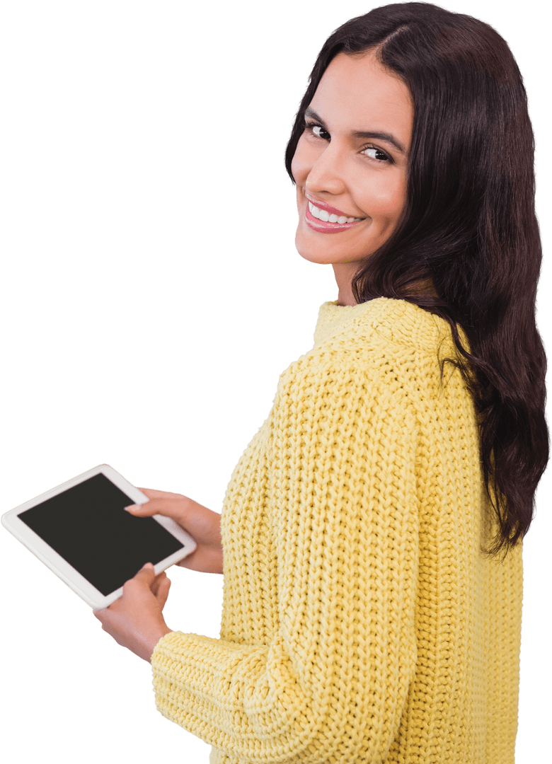 Smiling Woman Holding Tablet in Yellow Sweater, Transparent Background