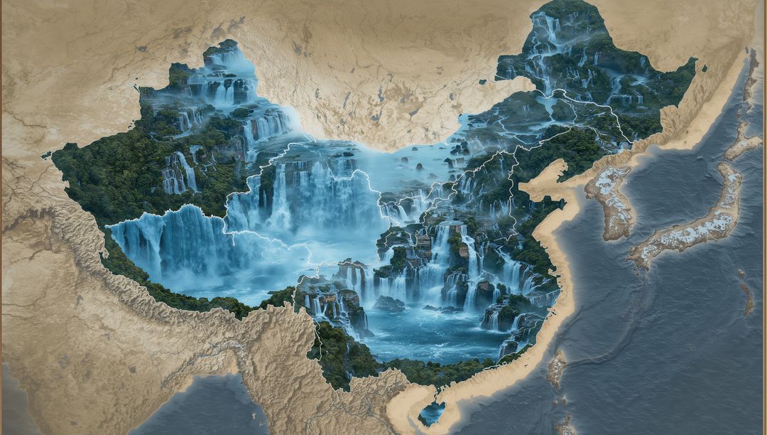 China Silhouette Seamlessly Blended with Scenic Waterfalls and Lush Forests