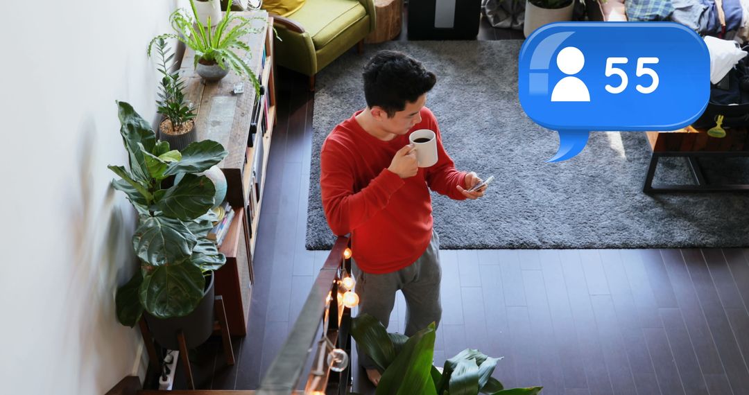 Man Engages on Social Media During Morning Routine at Home