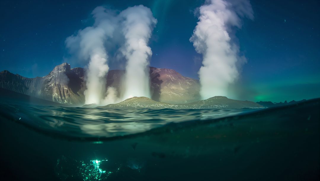 Three towering steam columns rising from volcanic islet at night under aurora borealis