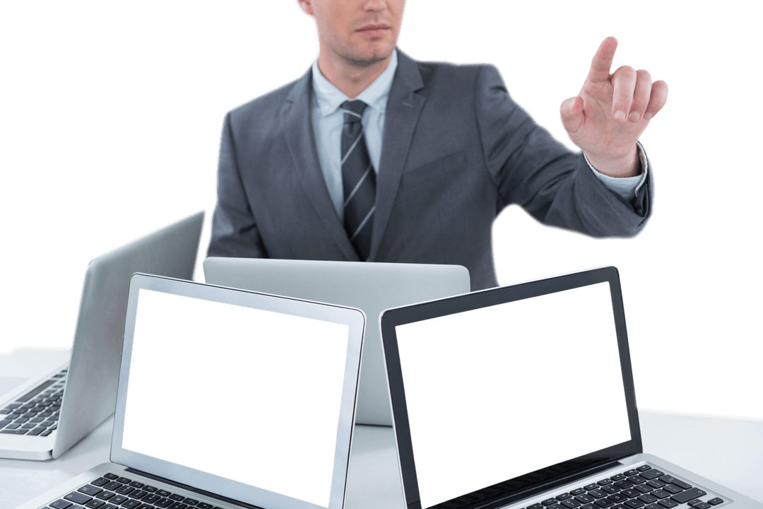 Transparent Businessman Gesturing Among Laptops in Suit