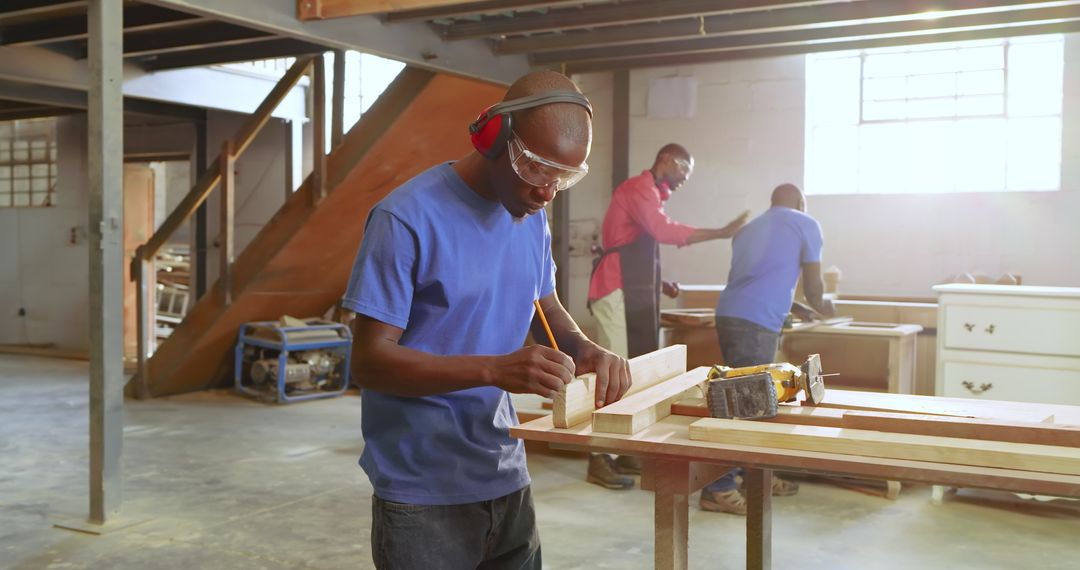 Woodworkers Precision Marking in Busy Carpentry Workshop