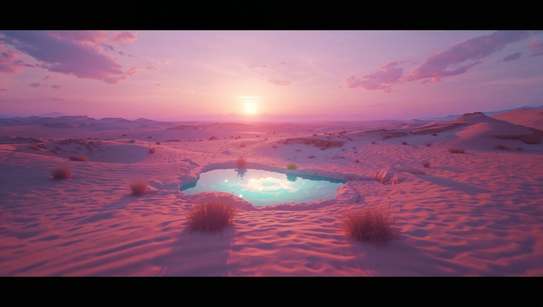 Serene Desert Sunrise with Reflective Pond and Dunes